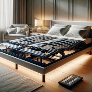 KI erstelltes Bild: Modernes Schlafzimmer mit einem elektrischen Lattenrost, verstellbaren Kopf- und Fußteilen, Hebeln und Motoren, in einer eleganten Umgebung mit weicher Beleuchtung und luxuriöser Bettwäsche.